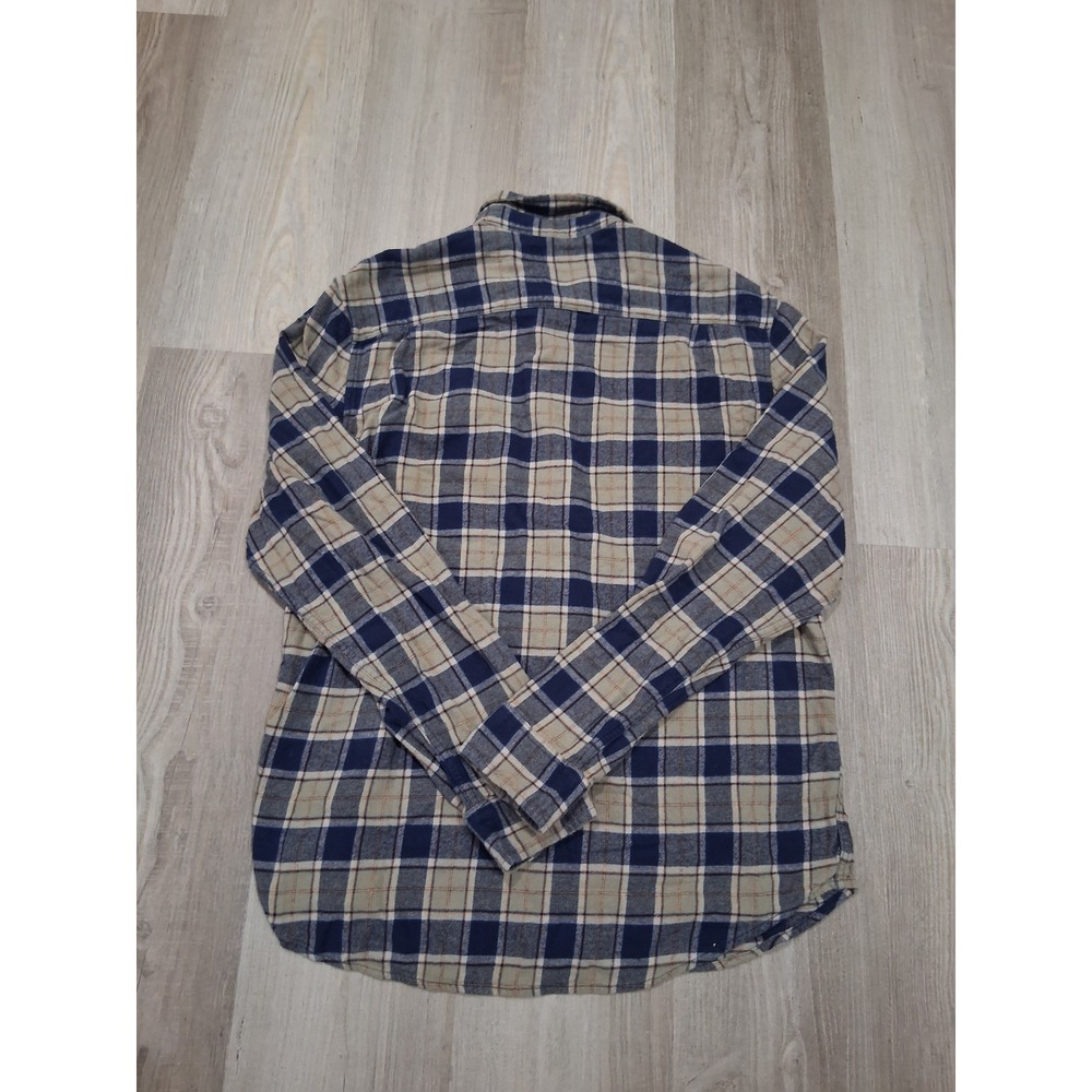 Lucky Brand Classic Fit Mens Large Blue Tan Plaid Flannel Button Down Shirt - Picture 2 of 6